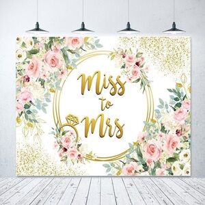 Miss to Mrs Wedding Backdrop Pink Flowers Green Leaves Gold Dots Bridal Shower